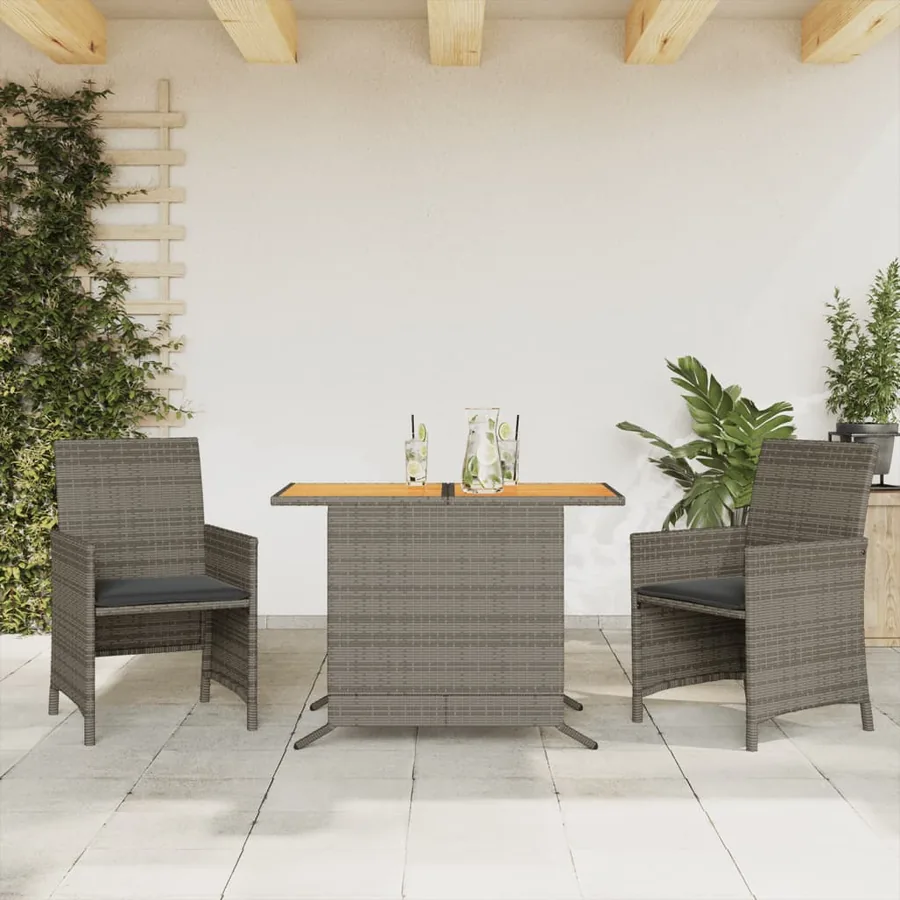 Ensemble de bistro 3 pcs avec coussins gris résine tressée