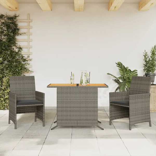 Ensemble de bistro 3 pcs avec coussins gris résine tressée