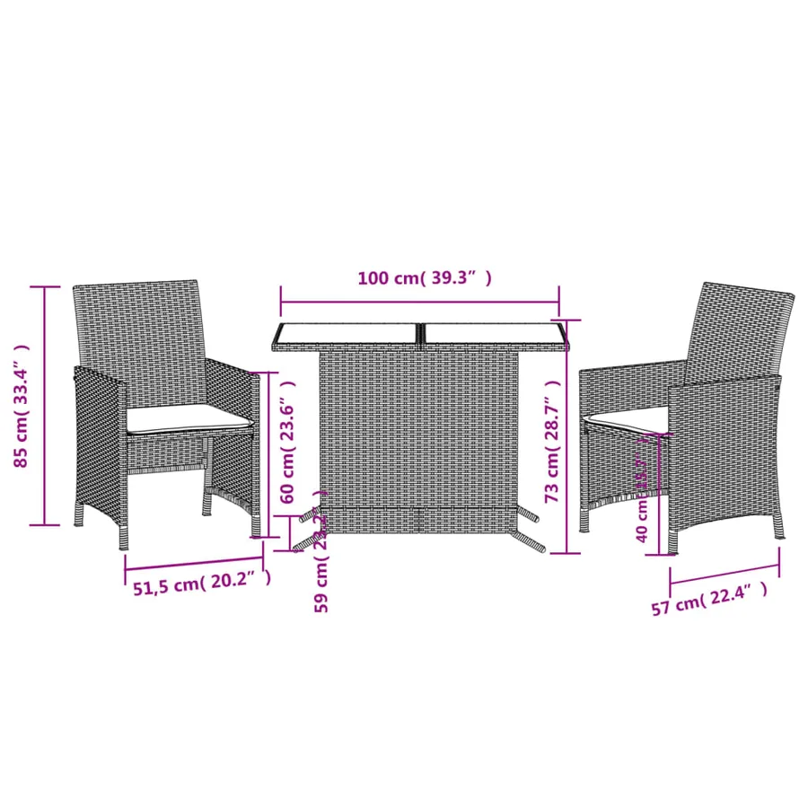 Ensemble de bistro 3 pcs avec coussins gris résine tressée - 14
