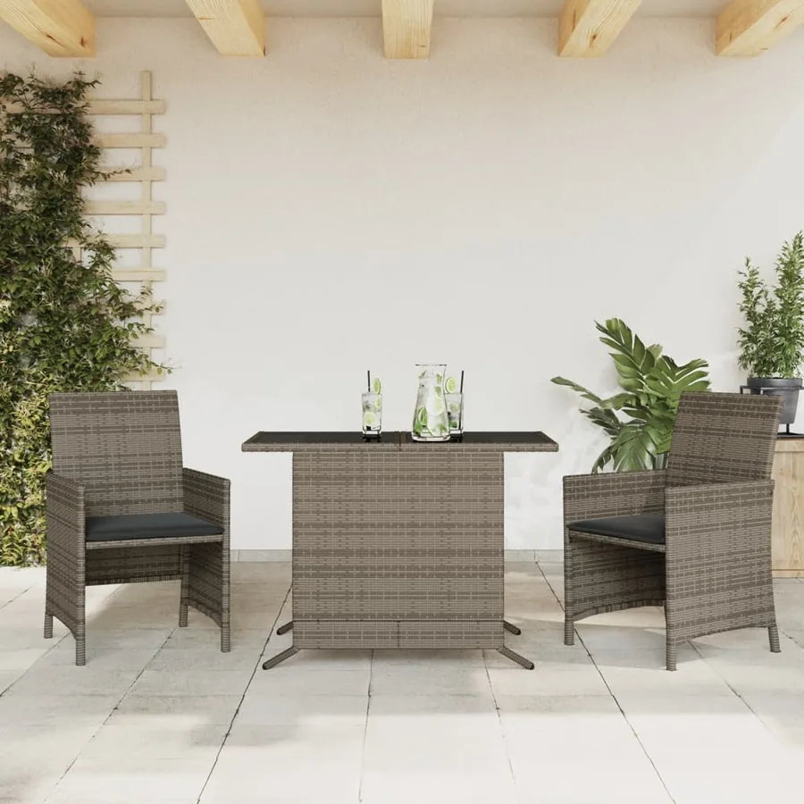 Ensemble de bistro 3 pcs avec coussins gris résine tressée