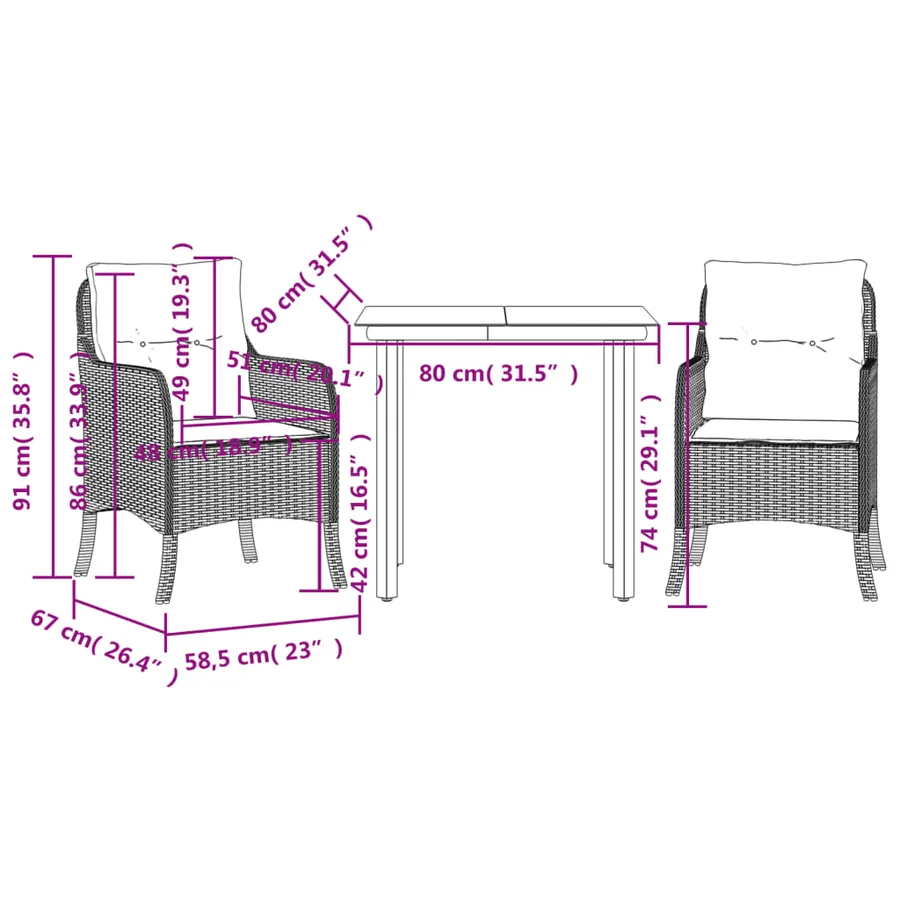 Ensemble à manger de jardin avec coussins 3 pcs Noir - 7