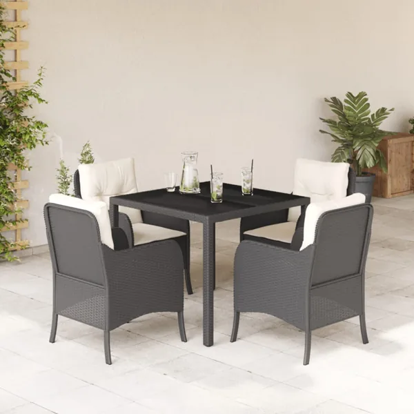 Ensemble à manger de jardin coussins 5pcs Noir Résine tressée