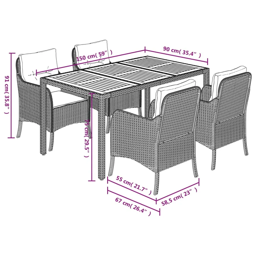 Ensemble à manger de jardin coussins 5pcs Noir Résine tressée - 7