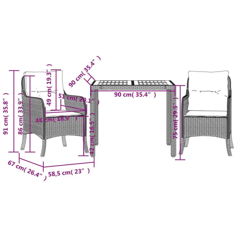 Ensemble à manger de jardin avec coussins 3 pcs Noir - 7