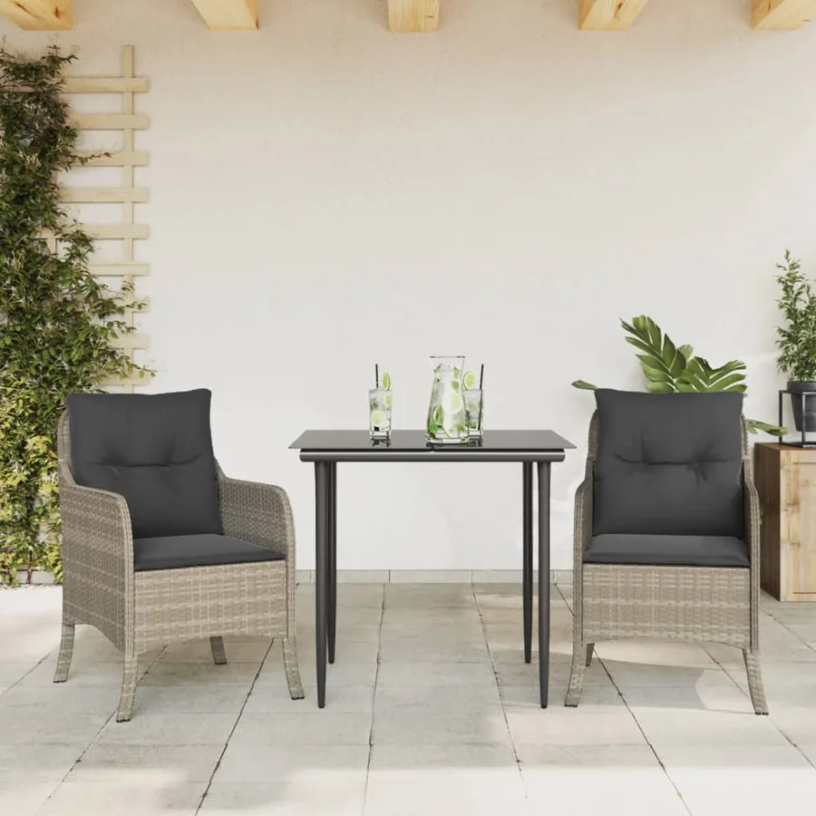 Ensemble à manger de jardin 3pcs coussins gris clair poly rotin
