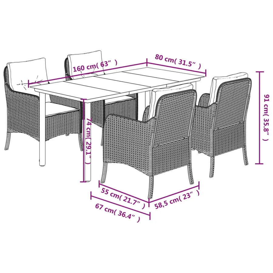 Ensemble à manger de jardin 5 pcs et coussins marron poly rotin - 7