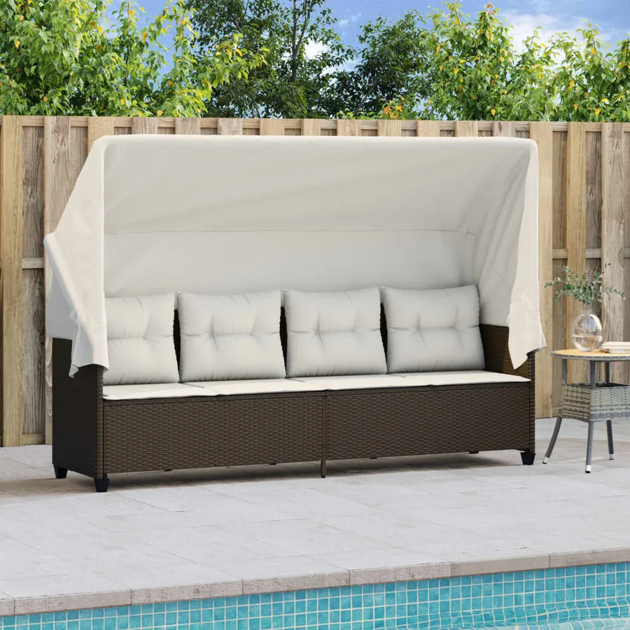 Chaise longue avec auvent et coussins marron résine tressée - 3