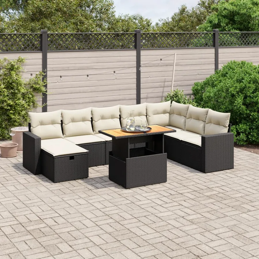 Salon de jardin 9 pcs avec coussins noir résine tressée