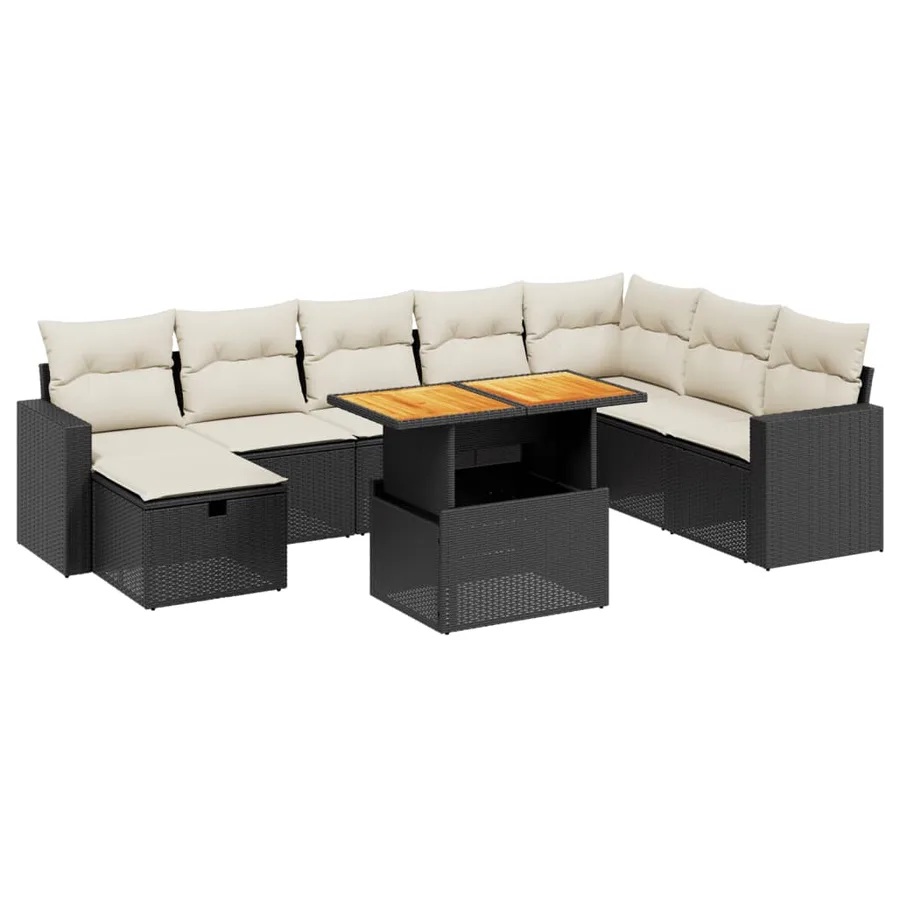 Salon de jardin 9 pcs avec coussins noir résine tressée - 2