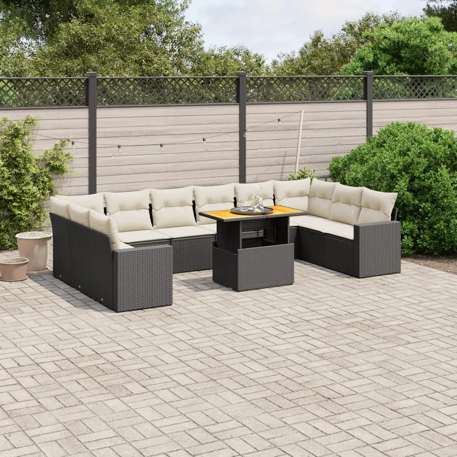 Salon de jardin 11 pcs avec coussins noir résine tressée