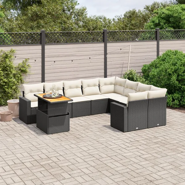Salon de jardin 10 pcs avec coussins noir résine tressée