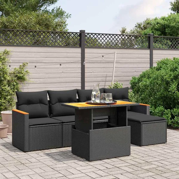 Salon de jardin 6 pcs avec coussins noir résine tressée