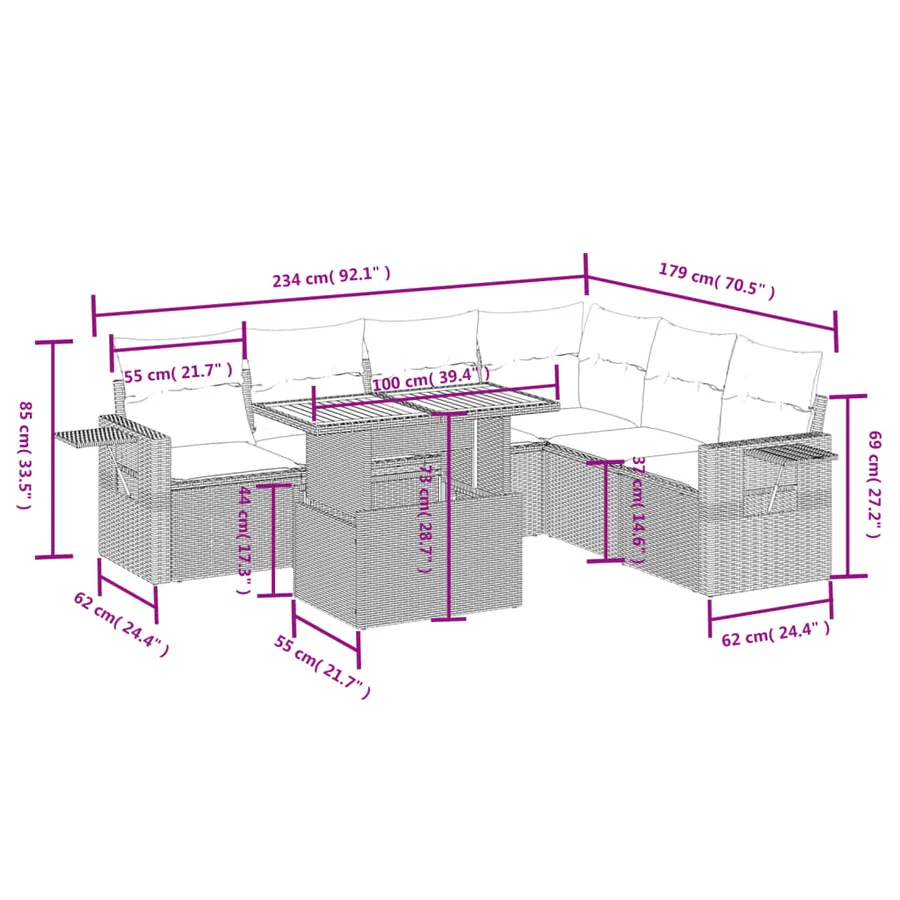 Salon de jardin 7 pcs avec coussins noir résine tressée 62 x 62 x 69 cm - 62,9 kg - 3