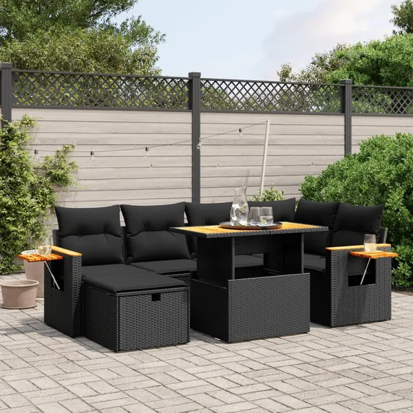 Salon de jardin 7 pcs avec coussins noir résine tressée 55 x 62 x 69 cm - 65,4 kg