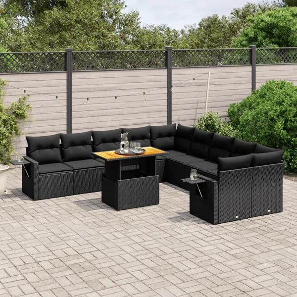 Salon de jardin 11 pcs avec coussins noir résine tressée