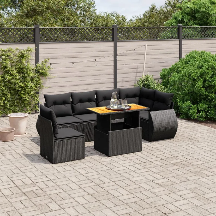 Salon de jardin 7 pcs avec coussins noir résine tressée 62 x 62 x 69 cm - 61,9 kg