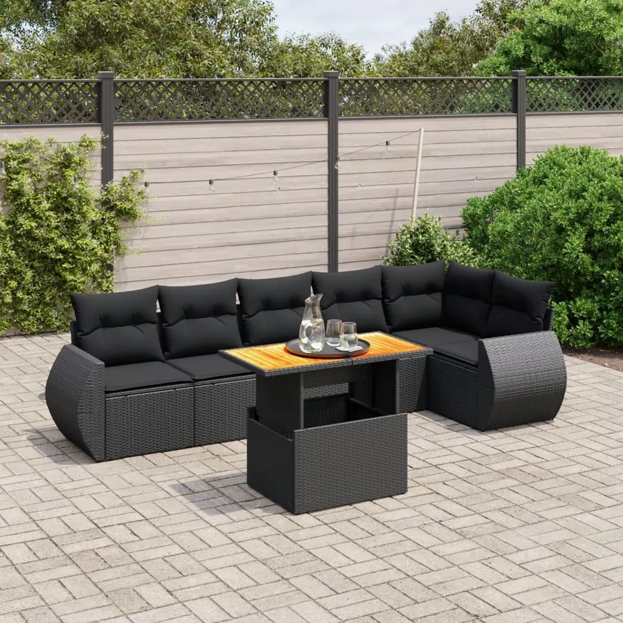 Salon de jardin 7 pcs avec coussins noir résine tressée 62 x 62 x 69 cm - 61,9 kg