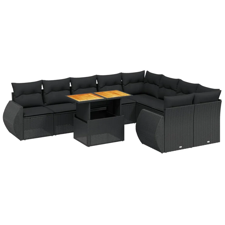 Salon de jardin 10 pcs avec coussins noir résine tressée - 2