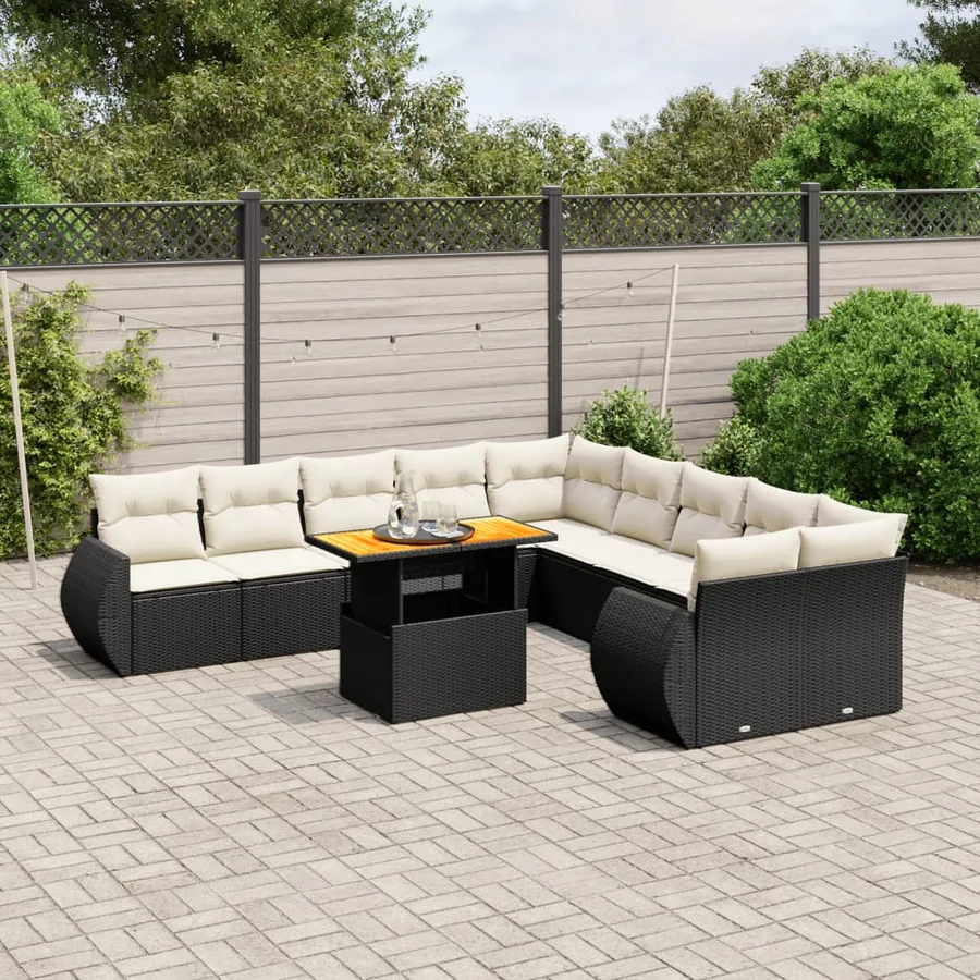 Salon de jardin 11 pcs avec coussins noir résine tressée