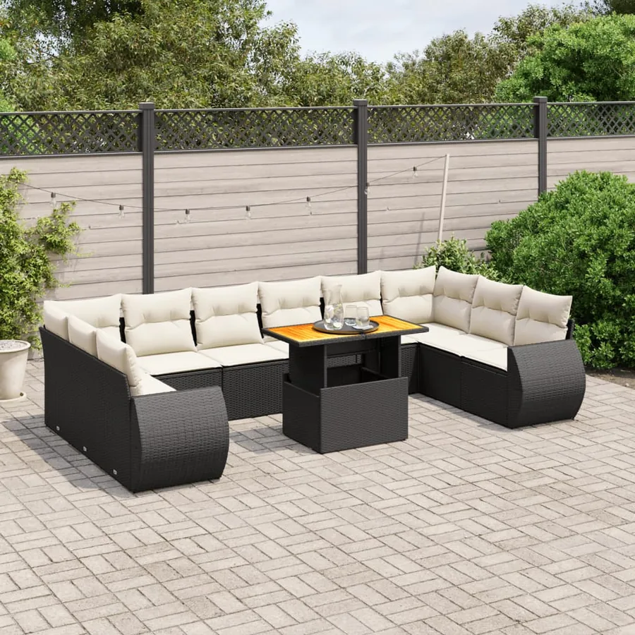 Salon de jardin 11 pcs avec coussins noir résine tressée