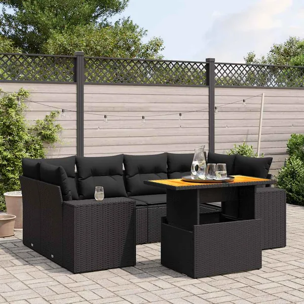 Salon de jardin 7 pcs avec coussins noir résine tressée 62 x 62 x 69 cm - 68,5 kg