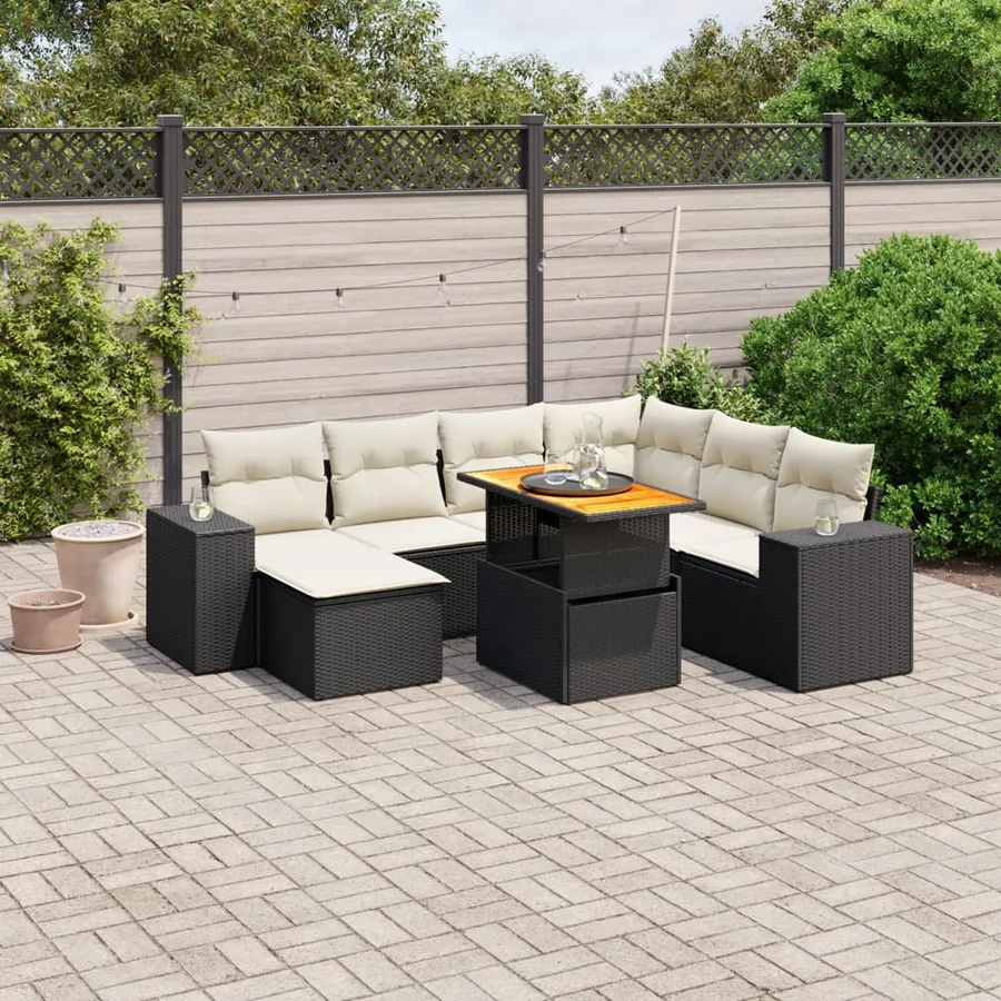 Salon de jardin 8 pcs avec coussins noir résine tressée