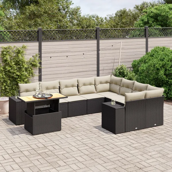 Salon de jardin 10 pcs avec coussins noir résine tressée
