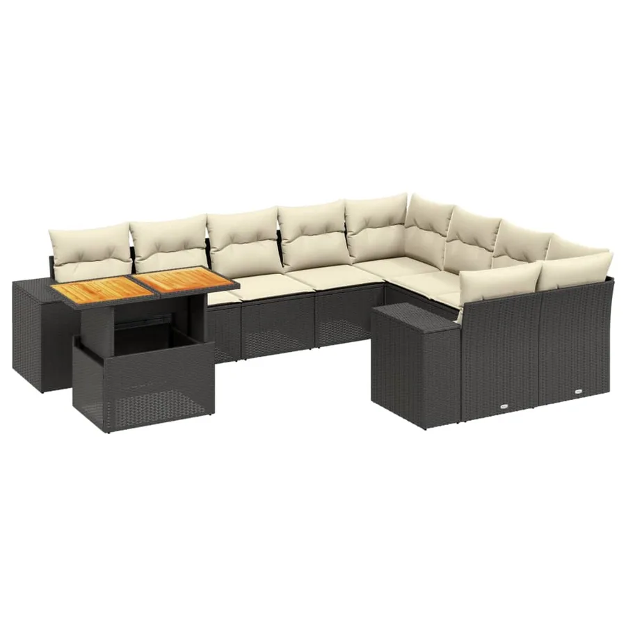 Salon de jardin 10 pcs avec coussins noir résine tressée - 2