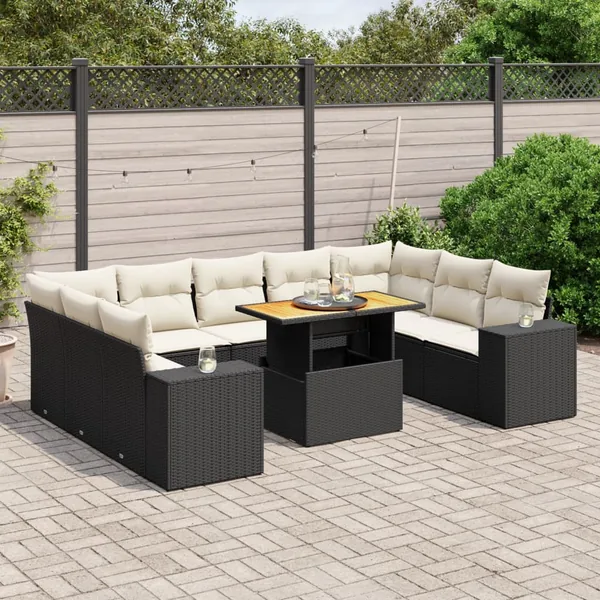 Salon de jardin 10 pcs avec coussins noir résine tressée