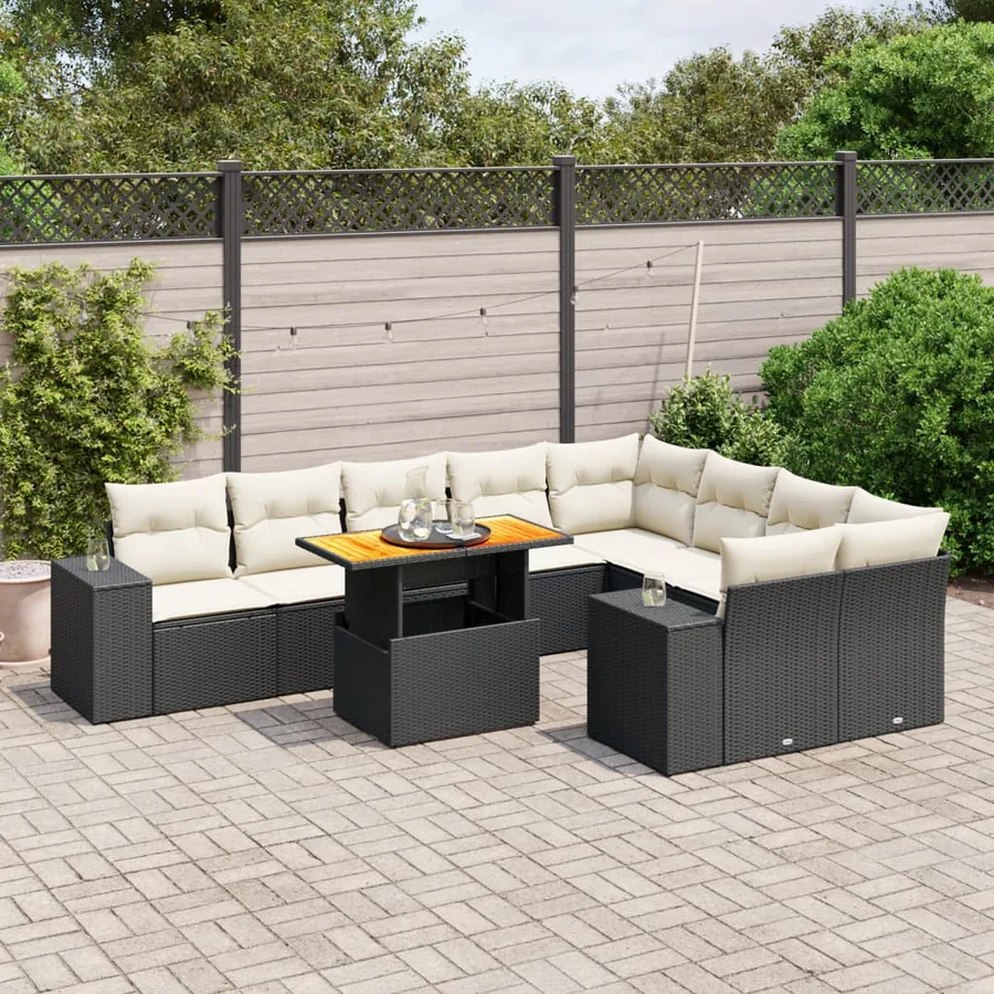 Salon de jardin 10 pcs avec coussins noir résine tressée