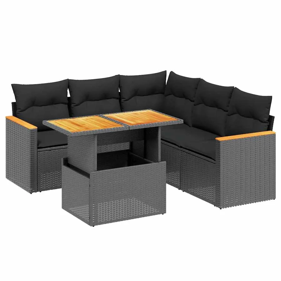 Salon de jardin 6 pcs avec coussins noir résine tressée - 2