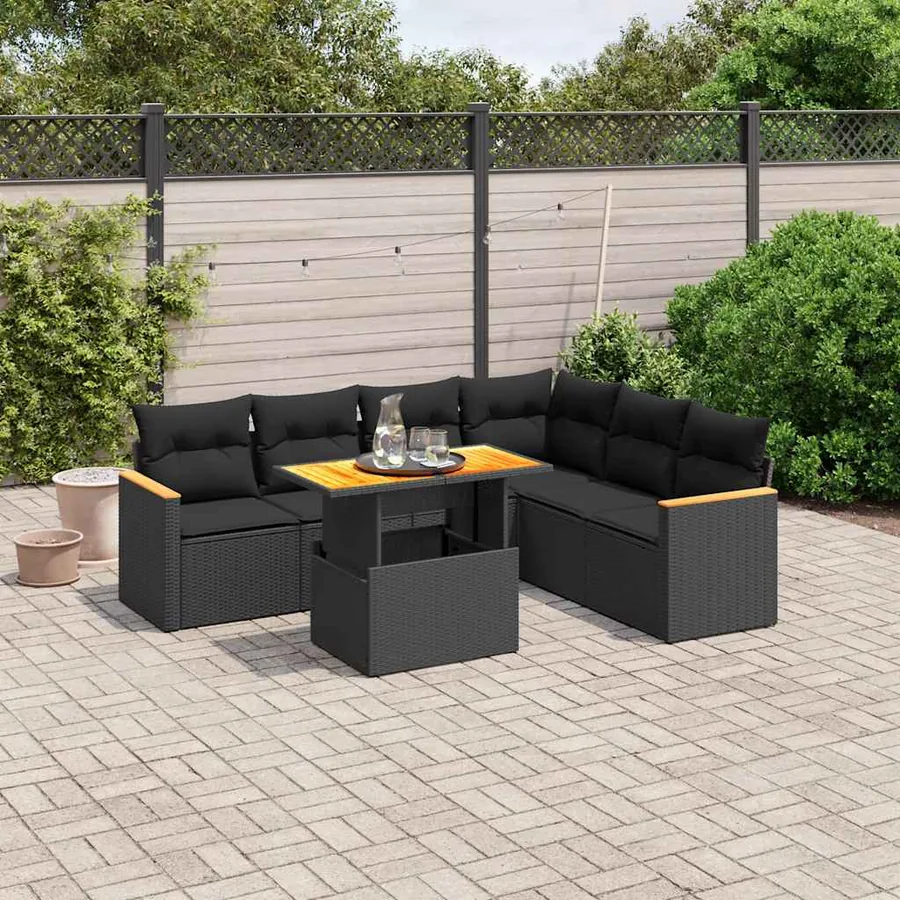 Salon de jardin 7 pcs avec coussins noir résine tressée 62 x 62 x 69 cm - 61,9 kg