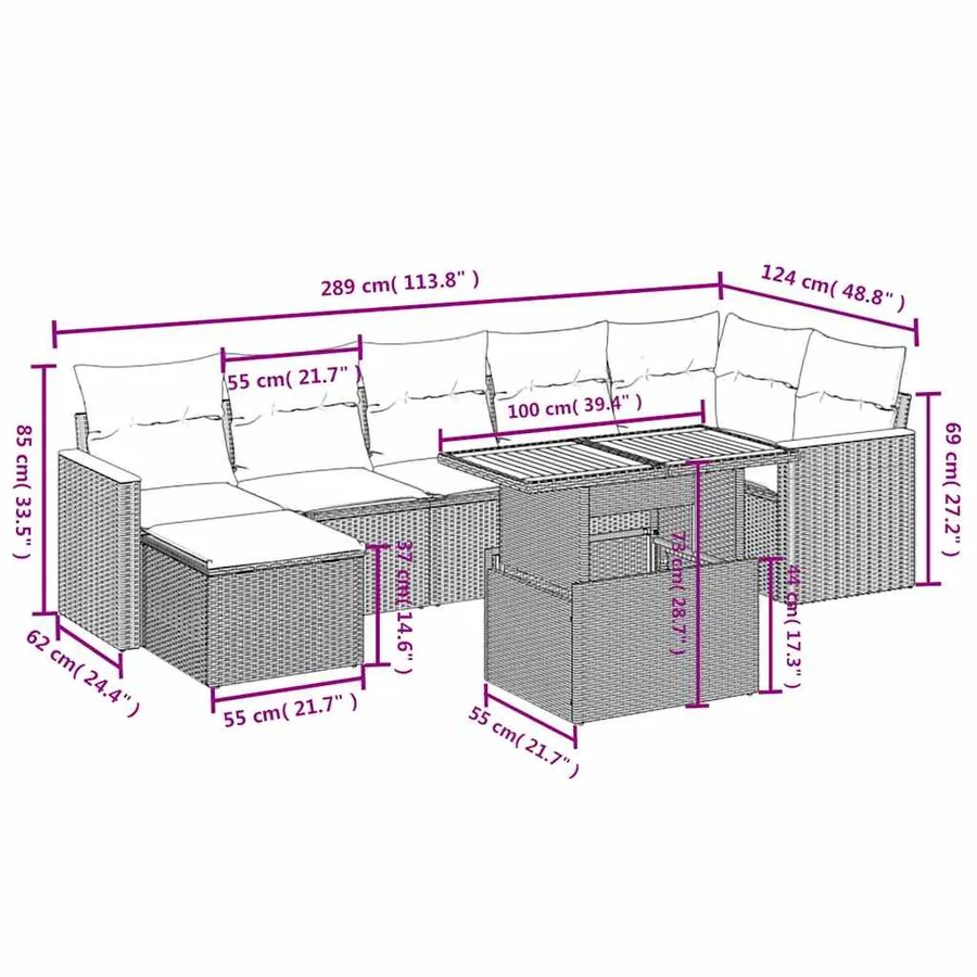 Salon de jardin 8 pcs avec coussins noir résine tressée - 3