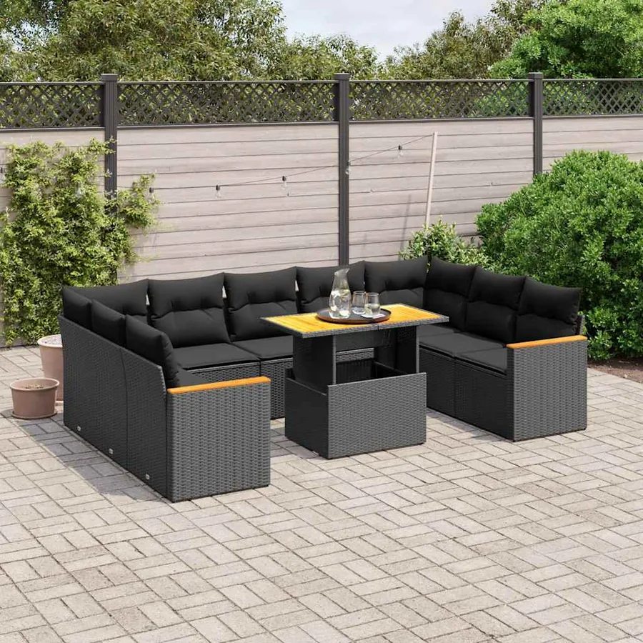 Salon de jardin 10 pcs avec coussins noir résine tressée