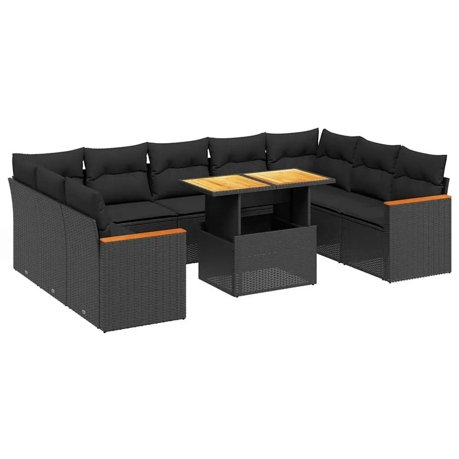 Salon de jardin 10 pcs avec coussins noir résine tressée - 2