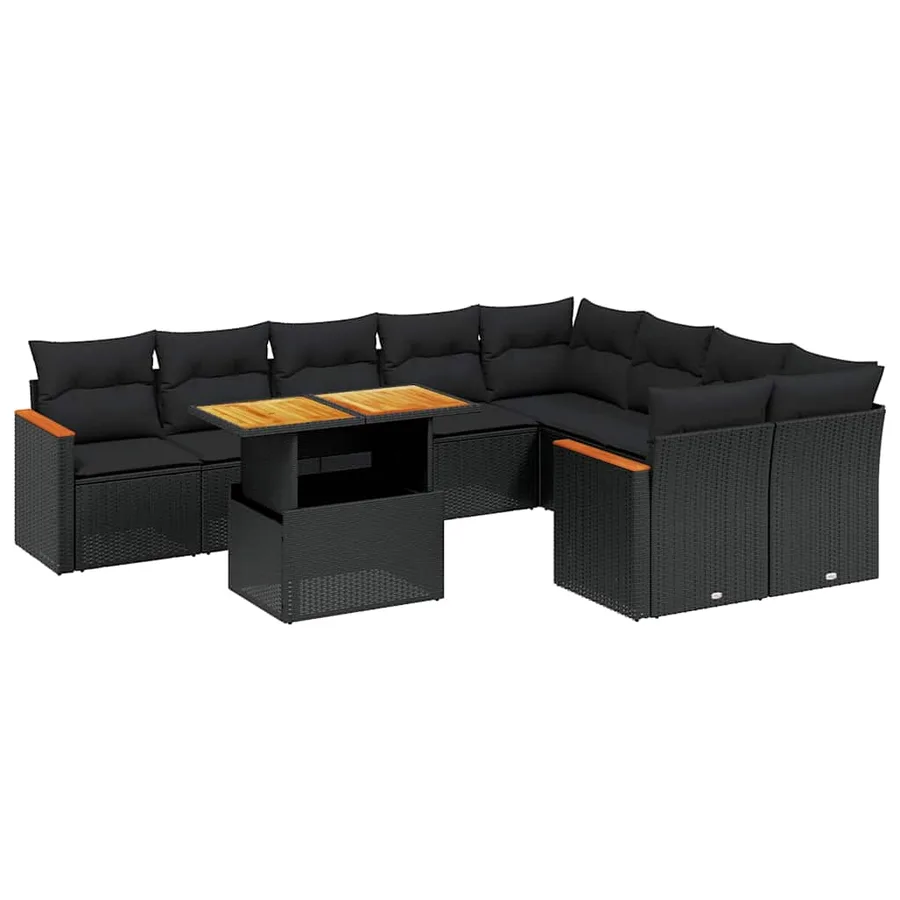 Salon de jardin 10 pcs avec coussins noir résine tressée - 2