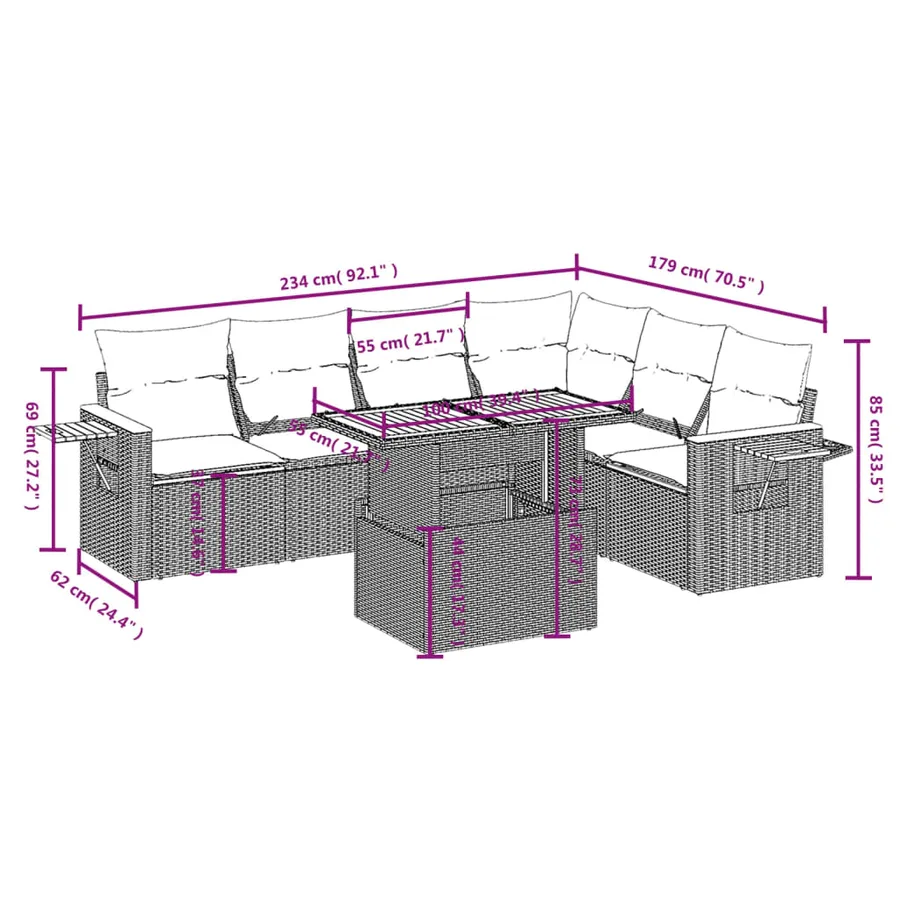 Salon de jardin 7 pcs avec coussins noir résine tressée 55 x 62 x 69 cm - 64,2 kg - 3