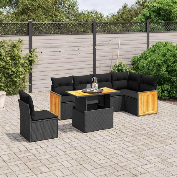 Salon de jardin 7 pcs avec coussins noir résine tressée 55 x 62 x 69 cm - 63,9 kg