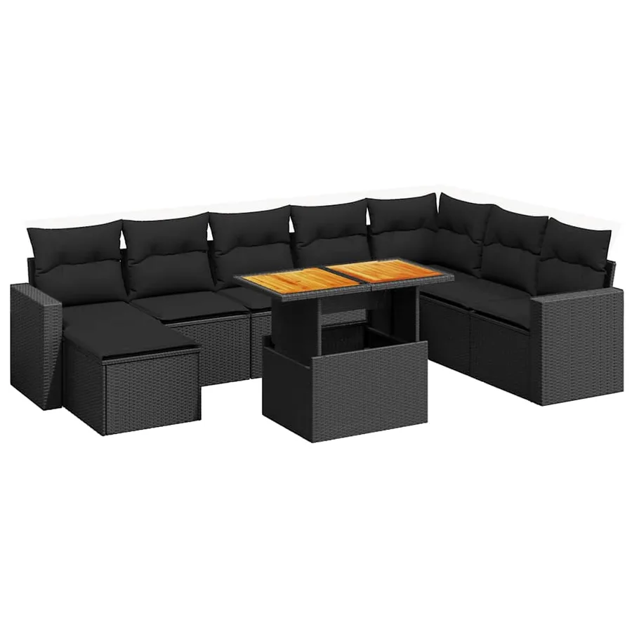 Salon de jardin 9 pcs avec coussins noir résine tressée - 2