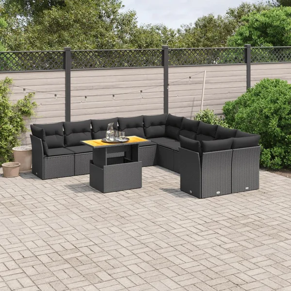 Salon de jardin 11 pcs avec coussins noir résine tressée