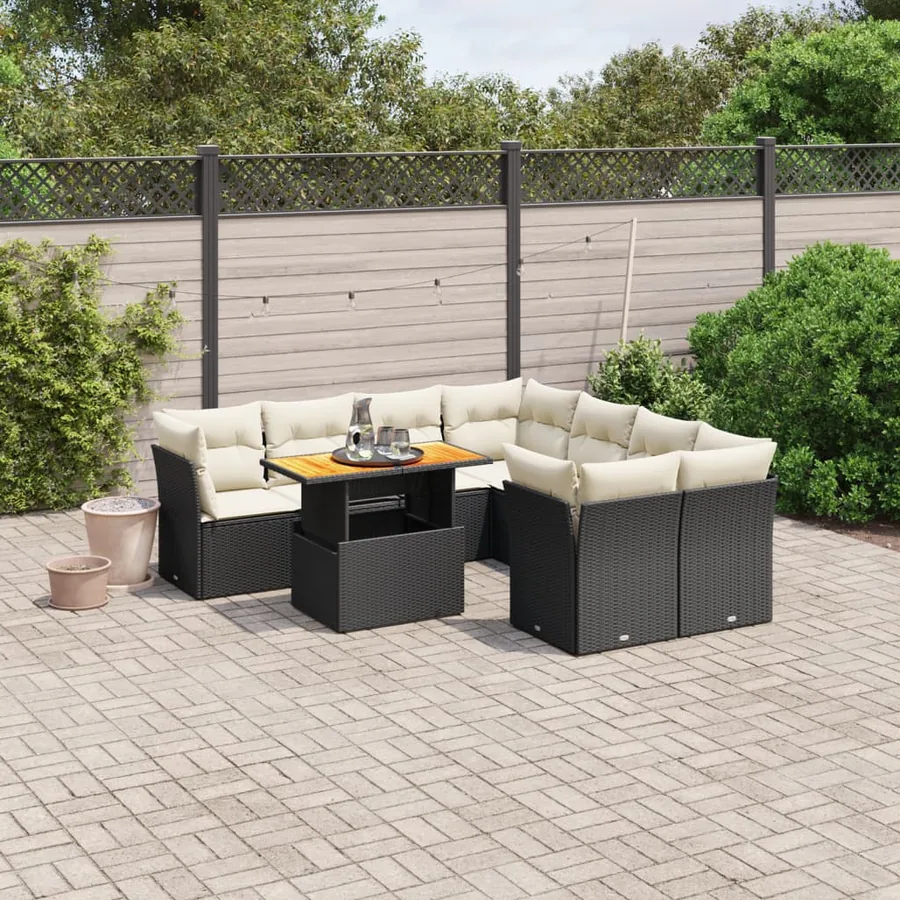 Salon de jardin 9 pcs avec coussins noir résine tressée