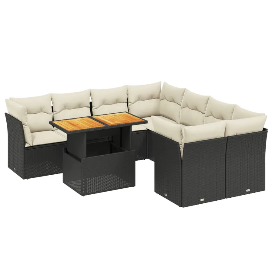 Salon de jardin 9 pcs avec coussins noir résine tressée - 2