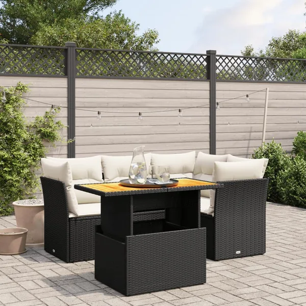 Salon de jardin 5 pcs avec coussins noir résine tressée