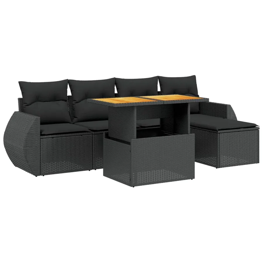 Salon de jardin 6 pcs avec coussins noir résine tressée - 2