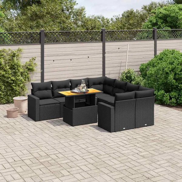 Salon de jardin 9 pcs avec coussins noir résine tressée