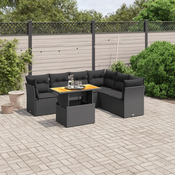Salon de jardin 7 pcs avec coussins noir résine tressée 62 x 62 x 69 cm - 62,4 kg