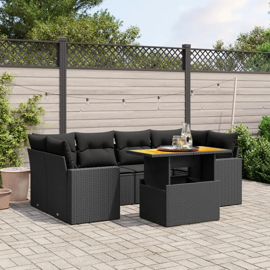 Salon de jardin 7 pcs avec coussins noir résine tressée 62 x 62 x 69 cm - 64,9 kg