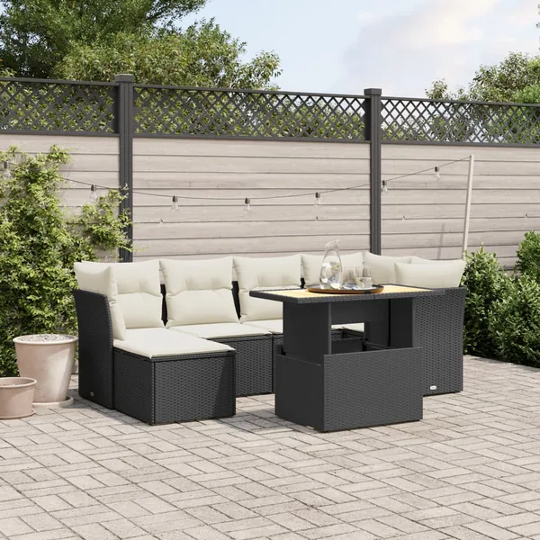 Salon de jardin 7 pcs avec coussins noir résine tressée 55 x 62 x 69 cm - 63,5 kg