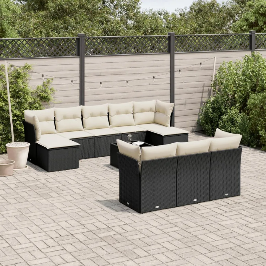 Salon de jardin 11 pcs avec coussins noir résine tressée