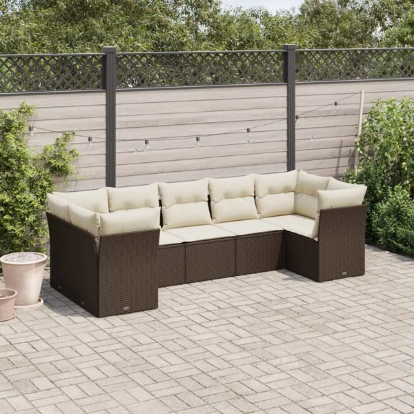 Salon de jardin avec coussins 7 pcs marron résine tressée